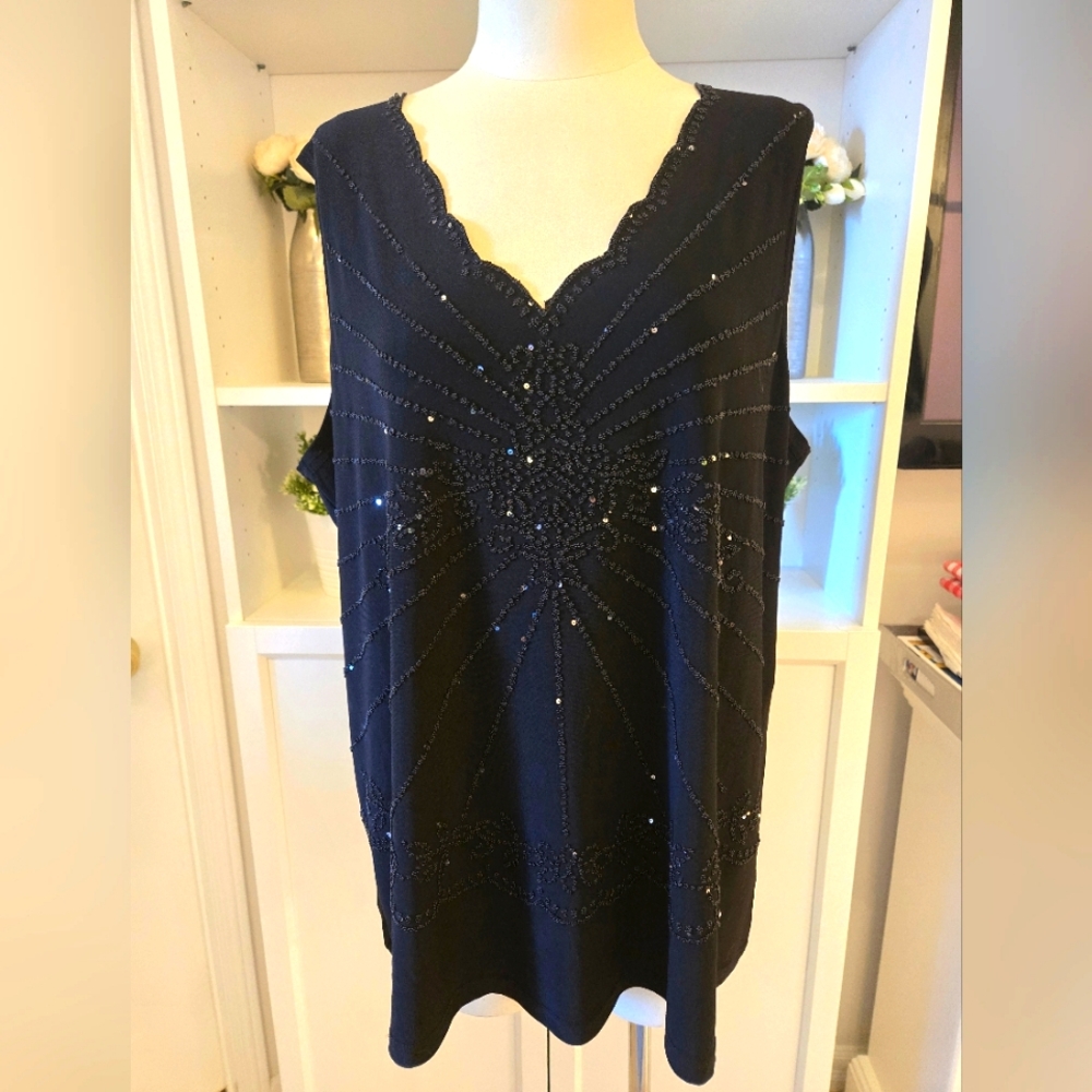 2X Plus Pennington's Sleeveless Black lightweight bedazzled gemstone top